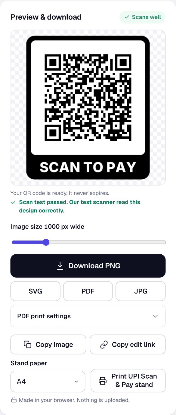 A UPI payment QR code for Sharma General Store with a Scan to pay frame in the QR Code Haven generator