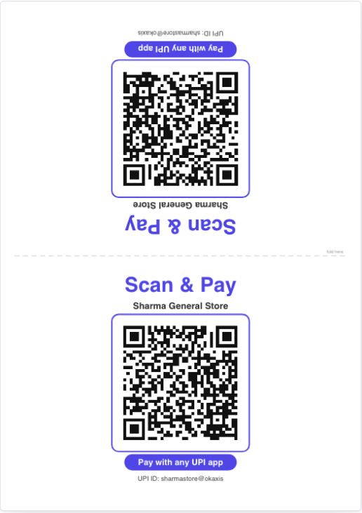 Preview of a fold-in-half UPI Scan and Pay counter stand with the shop name and UPI ID